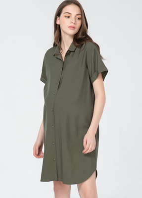 綠色襯衫領率性孕婦洋裝-孕婦裝推薦