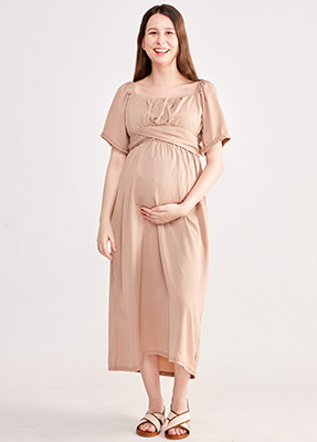 法式氣質方領收腰綁帶孕婦洋裝-棕