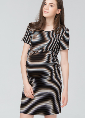 黑白條紋一件式修身哺乳洋裝-哺乳孕婦裝推薦