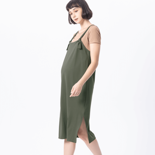 綁結式吊帶孕婦洋裝-綠