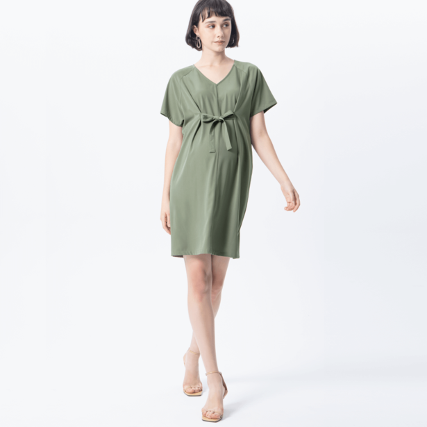  優雅連袖孕婦洋裝-綠
