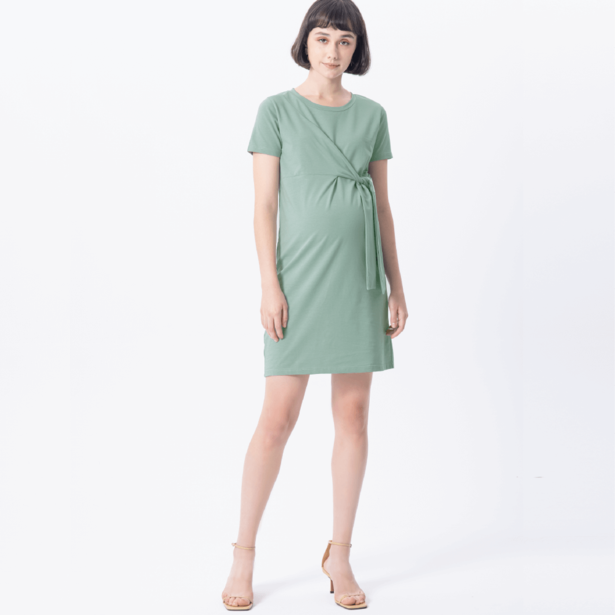 立體剪裁綁結孕婦洋裝-綠