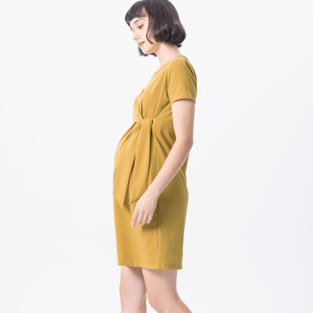  立體剪裁綁結孕婦洋裝-黃