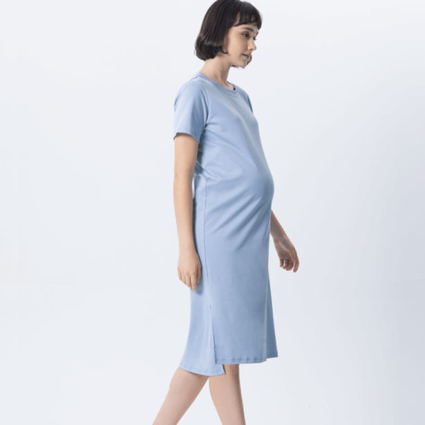 絲光純色扭結孕婦洋裝-藍