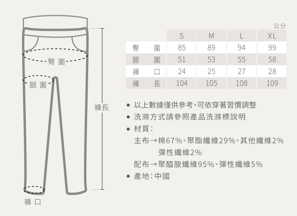 尺寸表-推薦彈力刷色窄管牛仔褲