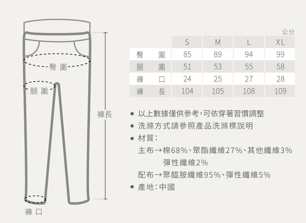 尺寸表-推薦彈力刷色窄管牛仔褲